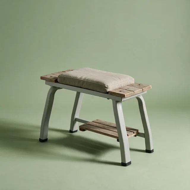 A garden kneeler bench standing upright as a seat