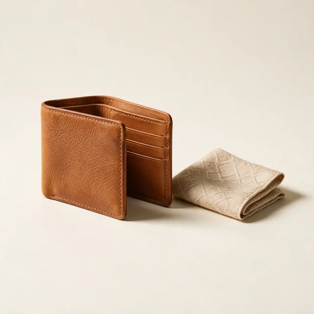 A slim tan leather wallet beside a folded pocket square