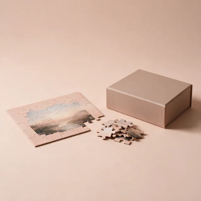 A partly assembled jigsaw beside a plain puzzle box