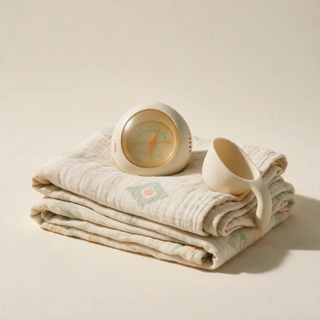 A baby bath thermometer and a rinse cup on a folded muslin