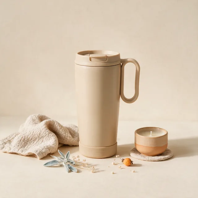 A tall insulated travel mug in soft clay