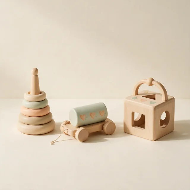 Three simple wooden toddler toys arranged in a row