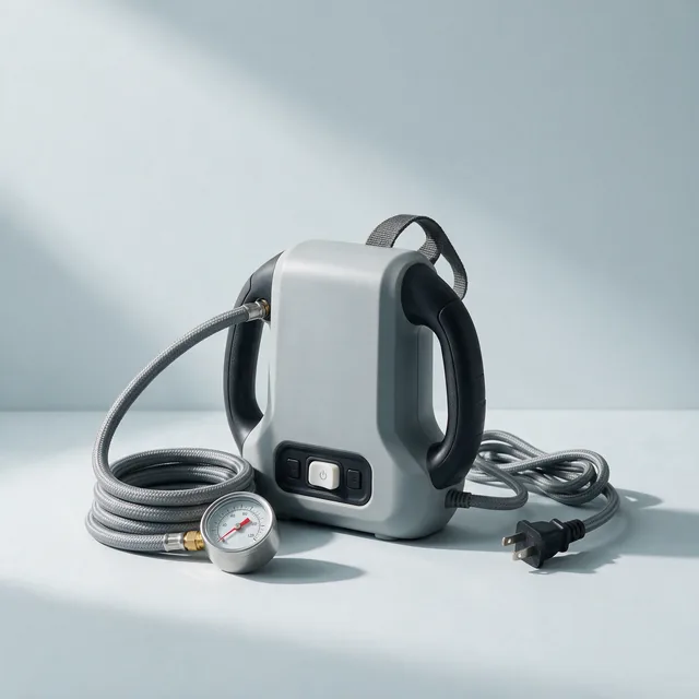 A portable tire inflator with a coiled hose and a pressure gauge