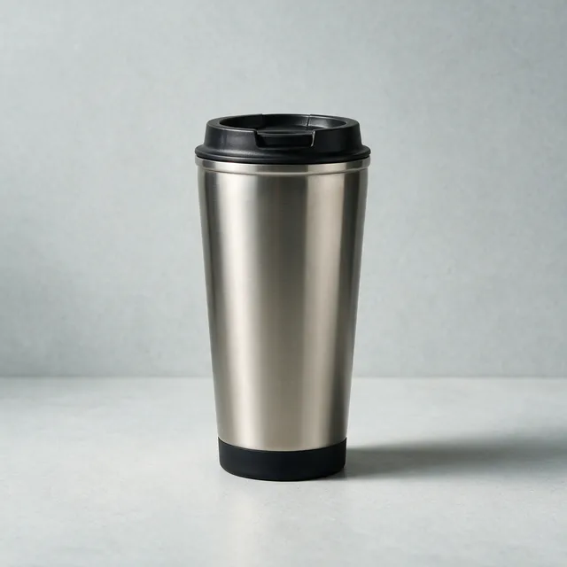 An insulated stainless travel mug