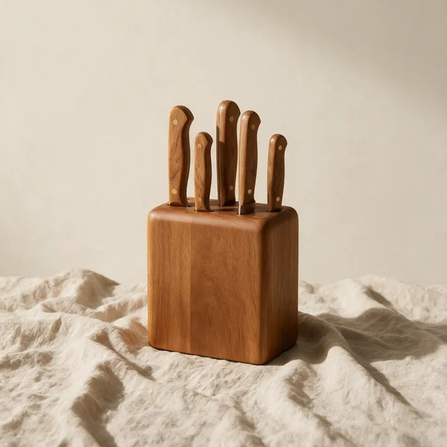 A wooden knife block with only the handles showing