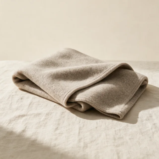 A folded wool blanket with a woven edge