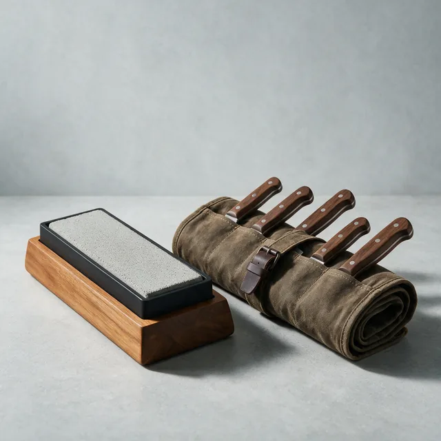 A sharpening whetstone beside a rolled canvas knife roll