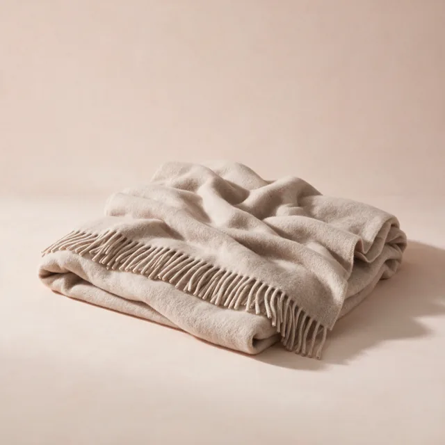 A large wool throw folded loosely with a fringed edge